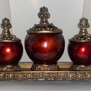 3 Victorian-Style Decorative Ceramic Jars w/ Lids and Ceramic Tray